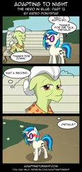 Size: 960x2000 | Tagged: safe, artist:terminuslucis, derpibooru import, granny smith, vinyl scratch, earth pony, pony, unicorn, comic:adapting to night, comic:adapting to night: the hero in blue, bench, comic, dialogue, glowing eyes, park bench, thought bubble
