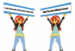 Size: 1280x861 | Tagged: safe, artist:manly man, derpibooru import, edit, sunset shimmer, equestria girls, crossing the memes, exploitable meme, female, image macro, meme, sign, simple background, solo, sunset is not willing to learn, sunset's board, white background