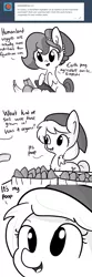 Size: 1280x3840 | Tagged: safe, artist:tjpones, derpibooru import, oc, oc:brownie bun, oc:tater trot, unofficial characters only, earth pony, pony, horse wife, ask, chest fluff, comic, dialogue, female, food, grayscale, mare, monochrome, potato, simple background, toilet humor, tumblr, white background