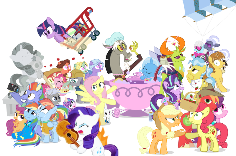 Size: 1182x785 | Tagged: safe, artist:dm29, derpibooru import, angel bunny, applejack, big macintosh, bow hothoof, chipcutter, discord, doctor fauna, feather bangs, fluttershy, hoity toity, maud pie, photo finish, pinkie pie, princess flurry heart, rainbow dash, rarity, scootaloo, starlight glimmer, strawberry sunrise, sugar belle, sweetie belle, thorax, trixie, twilight sparkle, twilight sparkle (alicorn), whammy, wild fire, windy whistles, alicorn, changedling, changeling, pony, a flurry of emotions, all bottled up, celestial advice, fluttershy leans in, forever filly, hard to say anything, honest apple, rock solid friendship, anger magic, basket, bottled rage, camera, cinnamon nuts, clothes, cup, equestrian pink heart of courage, female, food, guitar, heart, heart eyes, helmet, hug, jalapeno red velvet omelette cupcakes, king thorax, kite, magic, male, mining helmet, pizza costume, pizza head, rainbow dash's parents, reformed four, shipping, shopping cart, simple background, statue, stingbush seed pods, straight, strawberry, sugarmac, teacup, that pony sure does love kites, that pony sure does love teacups, the meme continues, the story so far of season 7, this isn't even my final form, uniform, wall of tags, white background, windyhoof, wingding eyes, wonderbolts uniform