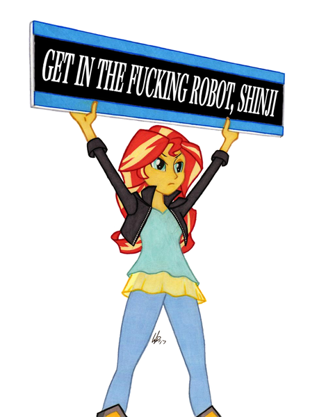 Size: 950x1278 | Tagged: safe, artist:manly man, derpibooru import, edit, sunset shimmer, equestria girls, exploitable meme, female, get in the robot, meme, neon genesis evangelion, shinji ikari, sign, solo, sunset's board, vulgar