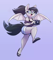 Size: 2274x2547 | Tagged: safe, artist:herny, derpibooru import, oc, oc:titty sprinkles, unofficial characters only, anthro, bat pony, plantigrade anthro, anthro oc, bat pony oc, boob freckles, breasts, camera, chest freckles, clothes, commission, cute, feet, female, flip-flops, freckles, glasses, open mouth, sandals, shorts, shoulder freckles, solo