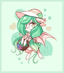 Size: 900x1021 | Tagged: safe, artist:ipun, derpibooru import, oc, oc:mojito puff, unofficial characters only, bat pony, pony, basket, bow, chibi, commission, cute, female, hair bow, hat, heart, heart eyes, looking at you, mare, ocbetes, smiling, solo, wingding eyes