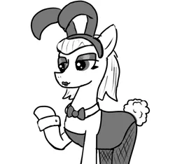 Size: 640x600 | Tagged: suggestive, artist:ficficponyfic, derpibooru import, oc, unofficial characters only, earth pony, pony, colt quest, bowtie, bunny ears, bunny suit, bunny tail, candle, clothes, eyeshadow, female, fishnets, hooker, lipstick, makeup, mare, monochrome, prostitute, prostitution, smiling, story included, waitress