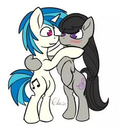 Size: 3000x3200 | Tagged: safe, artist:calena, derpibooru import, octavia melody, vinyl scratch, earth pony, pony, unicorn, 45 minute art challenge, bipedal, blushing, boop, cuddling, cutie mark, female, lesbian, mare, noseboop, scratchtavia, shipping, sketch