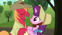 Size: 1280x720 | Tagged: safe, derpibooru import, screencap, big macintosh, sugar belle, pony, hard to say anything, apple tree, farm, female, front knot midriff, hat, knot shirt, male, midriff, shipping, straight, sugarmac, tree