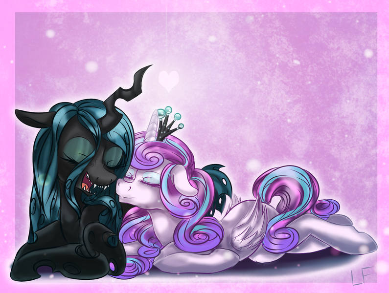 Size: 1854x1400 | Tagged: safe, artist:redheadfly, derpibooru import, princess flurry heart, queen chrysalis, alicorn, changeling, changeling queen, pony, crack shipping, eyes closed, female, flurryalis, lesbian, mare, nuzzling, older, open mouth, prone, shipping