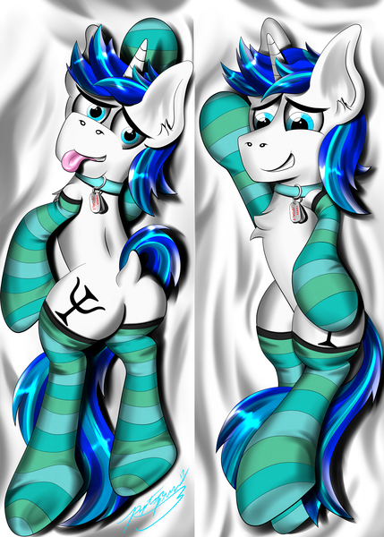 Size: 4000x5600 | Tagged: safe, artist:raptorpwn3, derpibooru import, oc, oc:psi, unofficial characters only, pony, unicorn, absurd resolution, bedroom eyes, bedsheets, body pillow, body pillow design, butt, clothes, collar, cute, dog tags, lewd, lying down, male, on back, pet tag, plot, prone, rear view, socks, solo, stallion, striped socks, thigh highs, tongue out