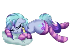 Size: 2300x1500 | Tagged: suggestive, artist:blues4th, derpibooru import, oc, oc:dancing swirl, unofficial characters only, pony, unicorn, clothes, colored, cuddling, cute, cutie mark, lying down, mr. poopybutthole, pillow, rick and morty, simple background, sleeping, socks, solo, striped socks, transparent background