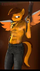 Size: 1080x1920 | Tagged: 3d, abs, anthro, anthro oc, artist:alcohors, clothes, derpibooru import, gun, male, oc, oc:merc fox, pants, partial nudity, pegasus, shotgun, solo, solo male, source filmmaker, stallion, suggestive, topless, unofficial characters only, weapon