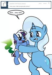 Size: 415x600 | Tagged: safe, artist:dekomaru, derpibooru import, trixie, oc, oc:nebula, pony, unicorn, tumblr:ask twixie, ask, baby, baby pony, colt, diaper change, female, magical lesbian spawn, male, mare, mother and son, offspring, parent:trixie, parent:twilight sparkle, parents:twixie, smelly, tumblr