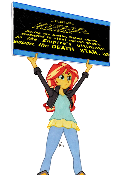 Size: 950x1387 | Tagged: safe, artist:manly man, derpibooru import, edit, sunset shimmer, equestria girls, a new hope, exploitable meme, female, meme, opening crawl, sign, solo, star wars, sunset's board