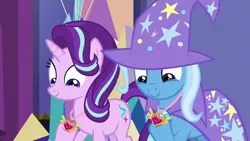 Size: 1280x720 | Tagged: safe, derpibooru import, screencap, starlight glimmer, trixie, pony, unicorn, celestial advice, duo, equestrian pink heart of courage, female, mare