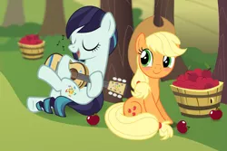 Size: 2217x1478 | Tagged: safe, artist:jhayarr23, derpibooru import, applejack, coloratura, pony, acoustic guitar, apple, basket, blushing, cowboy hat, duo, female, food, guitar, hat, lesbian, mare, music notes, rarajack, shipping, singing, sitting, smiling, stetson, sweet apple acres, tree