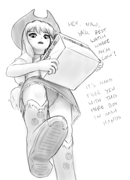 Size: 576x792 | Tagged: questionable, artist:alloyrabbit, derpibooru import, applejack, equestria girls, boots, clothes, cowboy hat, denim skirt, female, giantess, hat, low angle, macro, monochrome, offscreen character, panties, pov, red underwear, shoes, simple background, skirt, skirt lift, solo, solo female, stetson, underwear, upskirt