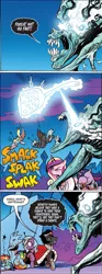 Size: 765x2050 | Tagged: safe, artist:andypriceart, derpibooru import, idw, derpy hooves, king sombra, princess cadance, rabia, radiant hope, rainbow dash, thunderlane, twilight sparkle, twilight sparkle (alicorn), alicorn, pegasus, pony, umbrum, unicorn, siege of the crystal empire, spoiler:comic, spoiler:comic37, abuse, comic, cringing, cropped, dashabuse, derpybuse, dizzy, exclamation point, eye beams, facehoof, falling, female, flyswatter, injured, knocked out, magic, male, mare, official comic, speech bubble, stallion, swirly eyes, tongue out