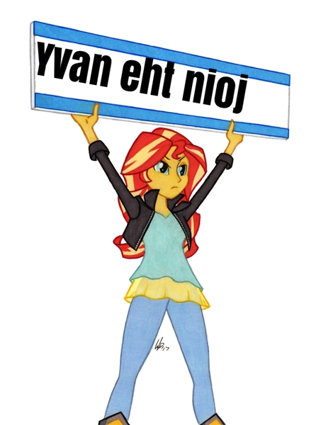 Size: 761x1024 | Tagged: safe, artist:manly man, derpibooru import, sunset shimmer, equestria girls, exploitable meme, female, meme, navy, sign, simple background, solo, subliminal message, sunset's board, the simpsons, white background, yvan eht nioj