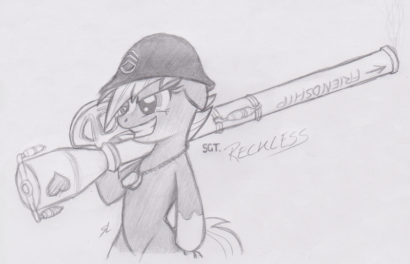 Size: 1429x920 | Tagged: safe, artist:lockerobster, derpibooru import, ponified:sgt. reckless, pony, grin, gun, helmet, monochrome, recoilless rifle, smiling, solo, traditional art, warpone, weapon