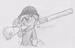 Size: 1429x920 | Tagged: safe, artist:lockerobster, derpibooru import, ponified:sgt. reckless, pony, grin, gun, helmet, monochrome, recoilless rifle, smiling, solo, traditional art, warpone, weapon