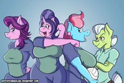 Size: 1024x683 | Tagged: anthro, artist:sketchychangeling, big breasts, breasts, busty cookie crumbles, busty cup cake, busty spoiled rich, cookie crumbles, cup cake, derpibooru import, equestrian mothers volleyball league, female, granny smith, huge breasts, safe, spoiled rich, team, volleyball