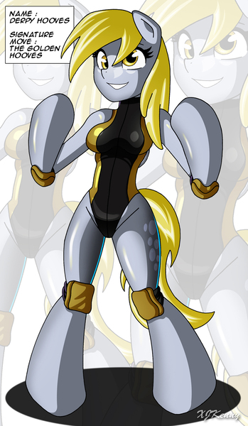 Size: 1000x1719 | Tagged: anthro, arm hooves, artist:xjkenny, breasts, clothes, derpibooru import, derpy hooves, elbow pads, female, knee pads, leotard, mare, smiling, solo, solo female, suggestive, unguligrade anthro, wrestler, wrestling, zoom layer