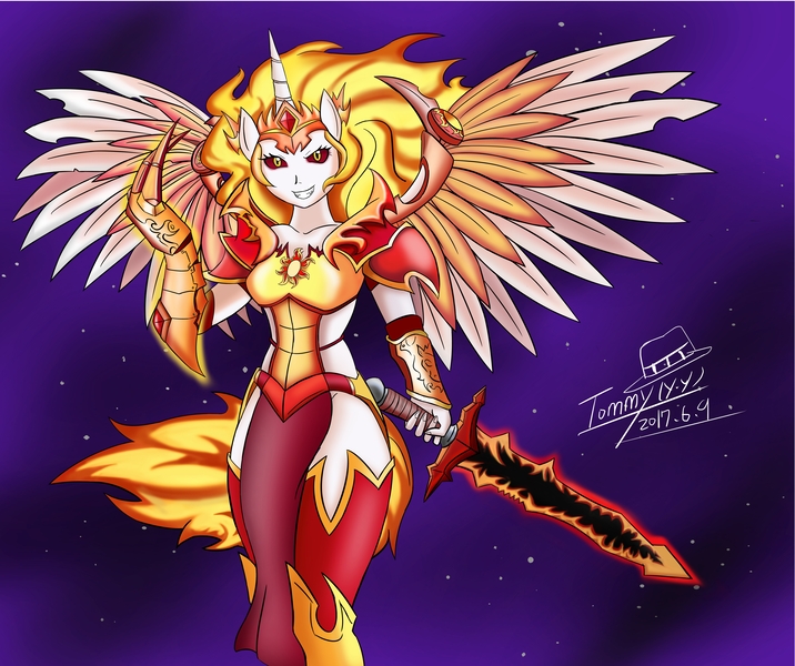 Size: 6363x5333 | Tagged: safe, artist:cvkt500, artist:tommy yang, derpibooru import, daybreaker, alicorn, anthro, plantigrade anthro, pony, a royal problem, absurd resolution, armor, badass, boots, breasts, claws, fangs, female, grin, image, jpeg, looking at you, mane of fire, mare, simple background, smiling, solo, spread wings, sword, weapon, wings