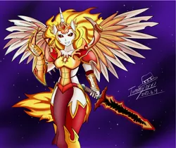 Size: 6363x5333 | Tagged: safe, artist:cvkt500, artist:tommy yang, derpibooru import, daybreaker, alicorn, anthro, plantigrade anthro, pony, a royal problem, absurd resolution, armor, badass, boots, breasts, claws, fangs, female, grin, image, jpeg, looking at you, mane of fire, mare, simple background, smiling, solo, spread wings, sword, weapon, wings