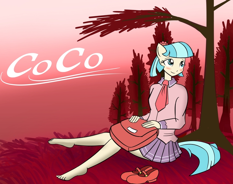 Size: 2972x2356 | Tagged: anthro, artist:tommy yang, barefoot, blushing, clothes, coco pommel, cute, derpibooru import, feet, female, legs, mary janes, plantigrade anthro, pleated skirt, safe, shirt, shoes, shoes off, sitting, skirt, solo, tree