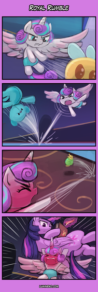 Size: 400x1180 | Tagged: safe, artist:lumineko, derpibooru import, princess flurry heart, twilight sparkle, twilight sparkle (alicorn), whammy, alicorn, pony, a flurry of emotions, 4koma, comic, duo, fury heart, journal, lifting, tantrum, teddy bear, this will end in pain, throwing, writing