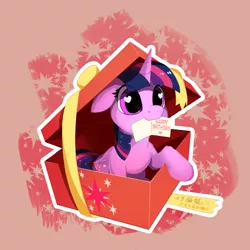 Size: 1024x1024 | Tagged: safe, artist:draconidsmxz, derpibooru import, twilight sparkle, twilight sparkle (alicorn), alicorn, pony, box, cute, female, happy birthday, heart eyes, hnnng, mare, mouth hold, pony in a box, present, solo, twiabetes, wingding eyes