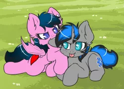 Size: 1799x1299 | Tagged: safe, artist:sapphfyr, derpibooru import, oc, oc:frost fang, oc:sapphire dawn, unofficial characters only, bat pony, pony, unicorn, biting, cute, ear bite, grass, meadow, nom, piercing, tongue out