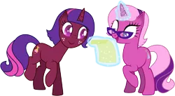 Size: 7598x4159 | Tagged: safe, artist:illumnious, derpibooru import, oc, oc:aura midnight, oc:flares midnight, unofficial characters only, pony, unicorn, absurd resolution, duo, female, freckles, glasses, glowing horn, magic, mare, raised hoof, simple background, smiling, transparent background
