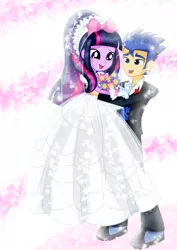 Size: 1600x2263 | Tagged: safe, artist:jucamovi1992, derpibooru import, flash sentry, twilight sparkle, equestria girls, blushing, clothes, dress, female, flashlight, flower, male, marriage, ribbon, shipping, straight, tuxedo, wedding, wedding dress