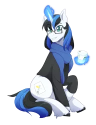 Size: 2864x3721 | Tagged: safe, artist:mylittlesheepy, derpibooru import, oc, oc:jackie trades, unofficial characters only, pony, clothes, coffee, scarf, simple background, transparent background