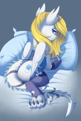 Size: 2000x3000 | Tagged: suggestive, artist:evehly, derpibooru import, oc, oc:ardana, unofficial characters only, dracony, hybrid, pony, bed, claws, clothes, commission, female, lingerie, looking at you, looking back, looking back at you, mare, pillow, plot, rear view, smiling, solo, solo female