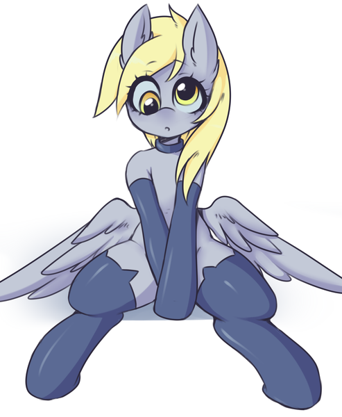 Size: 2893x3522 | Tagged: suggestive, artist:kei kun, derpibooru import, derpy hooves, pegasus, pony, adorasexy, choker, clothes, cute, derpabetes, ear fluff, female, high res, image, png, sexy, simple background, sitting, socks, solo, solo female, stockings, thigh highs, white background