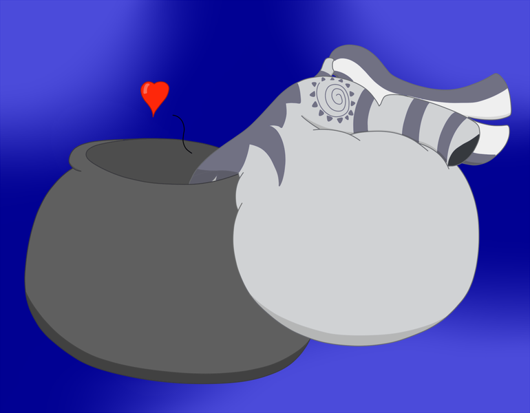 Size: 1280x998 | Tagged: artist:minty candy, belly, cauldron, derpibooru import, gradient background, heart, impossibly large belly, inflation, questionable, stuffing, zebra, zecora