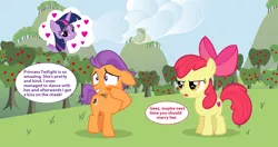 Size: 3304x1748 | Tagged: safe, artist:lunaticdawn, derpibooru import, apple bloom, tender taps, twilight sparkle, twilight sparkle (alicorn), alicorn, pony, cute, dialogue, female, implied twilight sparkle, jealous, male, sarcasm, shipping, straight, twitaps