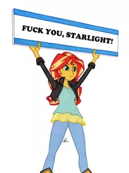 Size: 950x1278 | Tagged: safe, artist:manly man, derpibooru import, edit, sunset shimmer, equestria girls, drama, exploitable meme, female, implied starlight glimmer, meme, out of character, sign, solo, starlight drama, sunset's board, vulgar