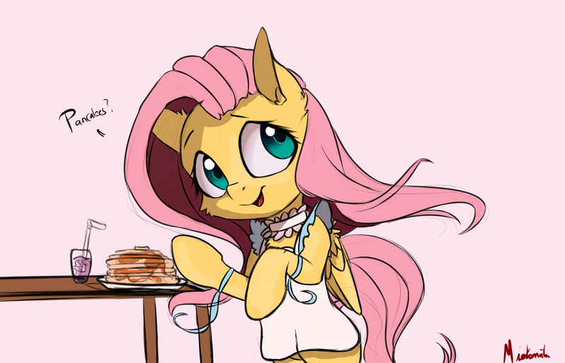 Size: 1400x900 | Tagged: safe, artist:miokomata, derpibooru import, fluttershy, pegasus, pony, apron, clothes, cute, dialogue, drink, female, food, looking at you, looking sideways, mare, open mouth, pancakes, pink background, shyabetes, signature, simple background, smiling, solo, table