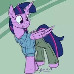 Size: 700x700 | Tagged: safe, artist:goat train, deleted from derpibooru, derpibooru import, twilight sparkle, twilight sparkle (alicorn), alicorn, pony, clothes, colored sketch, cute, female, mare, pants, polo shirt, smiling, solo