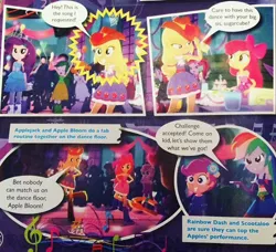 Size: 1277x1167 | Tagged: safe, derpibooru import, apple bloom, applejack, rainbow dash, rarity, rose heart, scootaloo, scribble dee, sweet leaf, sweetie belle, eqg summertime shorts, equestria girls, raise this roof, comic, fall formal outfits, magazine, spoiler
