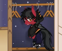 Size: 2079x1705 | Tagged: safe, artist:lightningbolt, derpibooru import, ponified, bat pony, pony, .svg available, bat wings, belt, clandestine industries, closet, clothes, clothes hanger, ear fluff, emo, exposed underwear, eyeliner, fall out boy, fangs, folded wings, hair over one eye, hanging, hood, hoodie, indifferent, infinity on high, jeans, lidded eyes, looking at you, makeup, male, metaphor, open door, orange underwear, pants, pete wentz, pin, shadow, shirt, shirt pull, shoes, slit eyes, sneakers, socks, solo, stallion, svg, undershirt, underwear, vector, wings, zipper