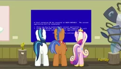 Size: 1280x738 | Tagged: safe, derpibooru import, edit, edited screencap, screencap, princess cadance, shining armor, spearhead, pony, a flurry of emotions, a thousand nights in a hallway, art or a mistake, blue screen of death, discovery family logo, exploitable meme, meme