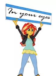 Size: 950x1278 | Tagged: safe, artist:manly man, derpibooru import, edit, sunset shimmer, equestria girls, colored pencil drawing, exploitable meme, female, lyrics, meme, protest, sign, simple background, solo, sunset's board, text, traditional art, white background