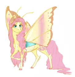 Size: 884x904 | Tagged: alternate universe, antennae, arranged marriage au, artist:earthsong9405, butterfly wings, cloven hooves, derpibooru import, flutter pony, fluttershy, head turn, looking away, looking up, raised hoof, safe, simple background, solo, species swap, white background