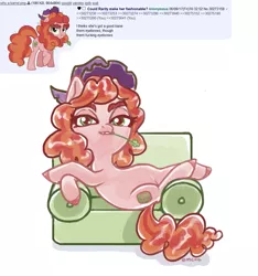 Size: 963x1029 | Tagged: safe, artist:mcponyponypony, derpibooru import, tree h. hooffield, earth pony, pony, the hooffields and mccolts, 4chan, background pony, couch, female, hat, hooffield family, lidded eyes, looking at you, mare, simple background, solo, thick eyebrows, vulgar, white background
