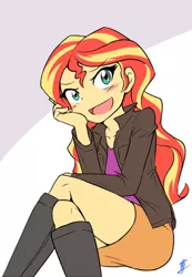 Size: 450x650 | Tagged: safe, artist:omoi, artist:sinrin8210, derpibooru import, sunset shimmer, equestria girls, blushing, clothes, cute, explicit source, female, jacket, leather jacket, no more ponies at source, open mouth, pixiv, shimmerbetes, sitting, skirt, solo