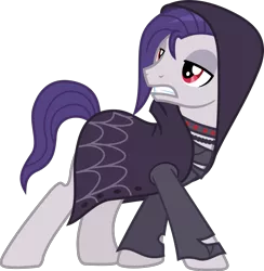 Size: 1343x1377 | Tagged: safe, artist:lightningbolt, derpibooru import, funnel web, earth pony, pony, honest apple, .svg available, cape, clothes, emo, frown, hood, hood up, hooded cape, jewelry, lidded eyes, looking back, male, model, necklace, open mouth, ripped, ripped shirt, ripped sleeves, shirt, simple background, solo, stallion, standing, strutting, svg, torn clothes, transparent background, undershirt, vector
