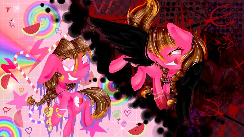 Size: 3309x1861 | Tagged: safe, artist:lixthefork, derpibooru import, feather bangs, oc, oc:lix, pony, hard to say anything, blood, duality, food, heart, insanity, pentagram, plushie, rainbow, watermelon